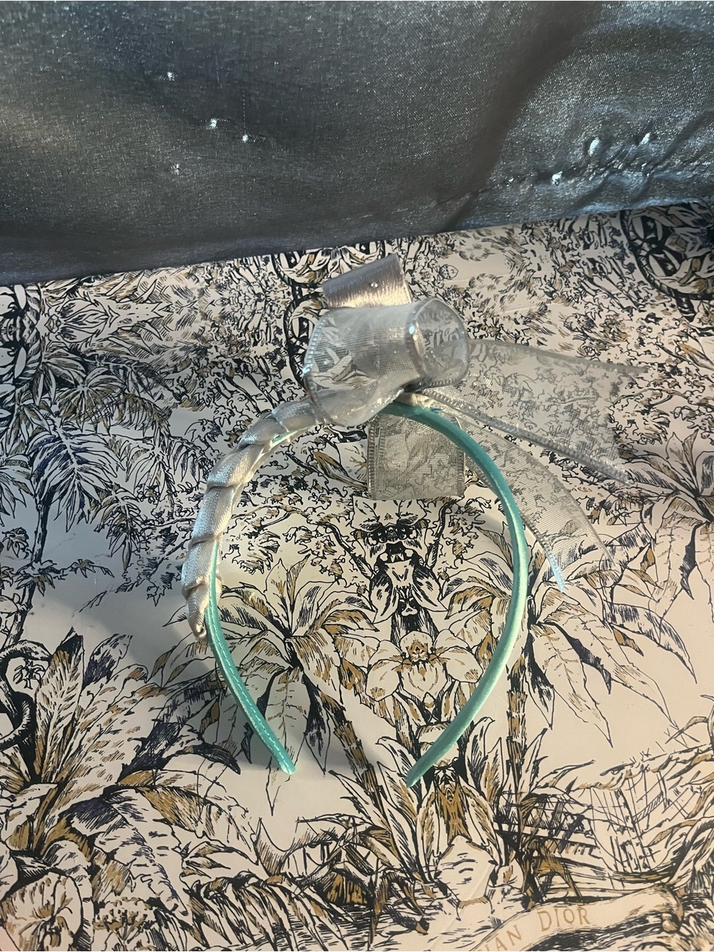 Handmade Light Blue Satin Headband with Sheer Silver Bow